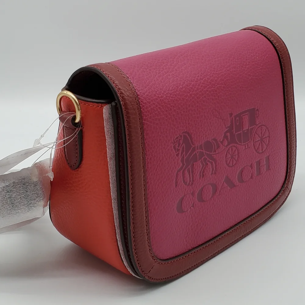 Coach Saddle with Horse & Carriage Leather Crossbody Colorblock Pink Ra - Picture 13 of 16